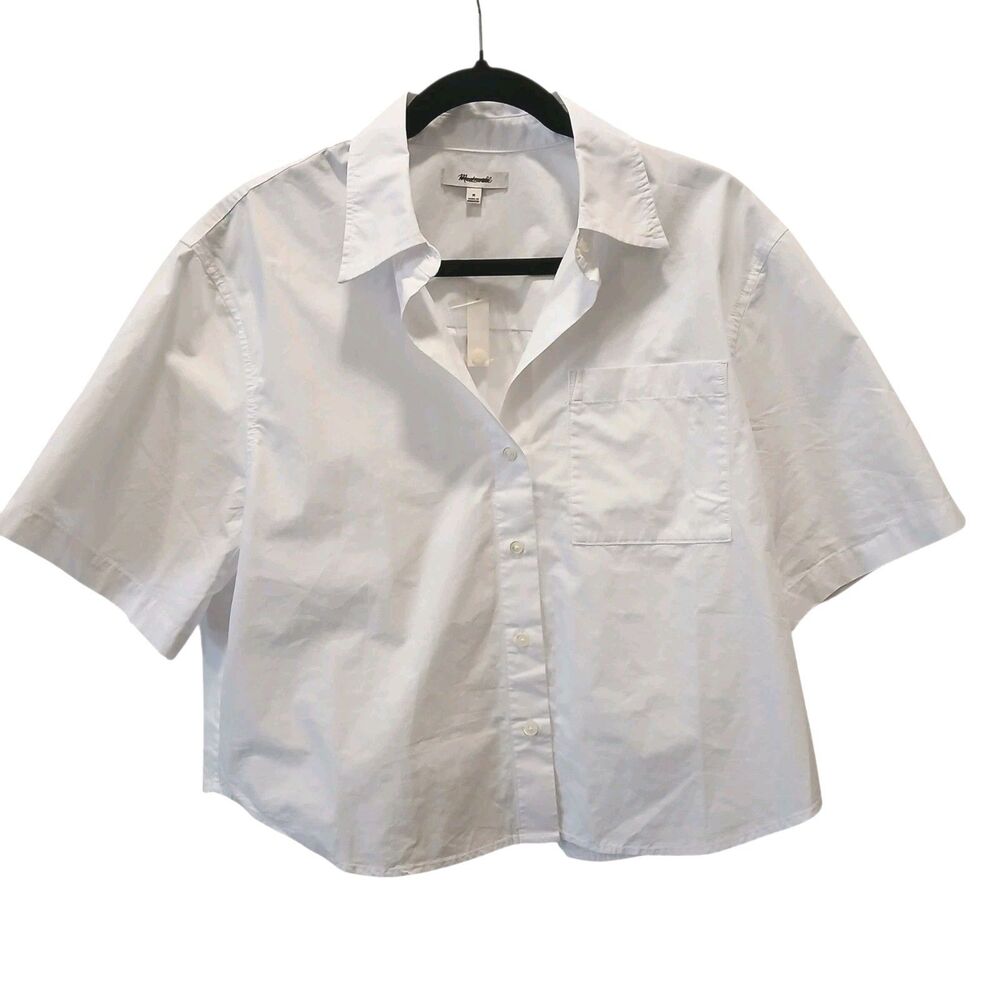 Madewell Women Medium White Straight Hem Top  Poplin Short Sleeve Cotton Relaxed - Picture 4 of 14